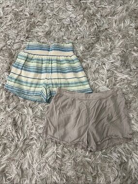 Striped Blue & Green High-Waist Women’s Shorts and Taupe Lounge Shorts Bundle